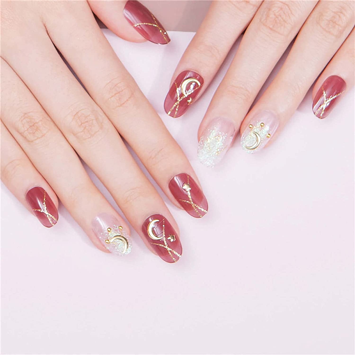 24 PCS Press on Nails Medium Length with Designs Chic Fashion Long Fake Coffin  Nails with Glue French Tip Acrylic Nails Ballerina Glossy False Nails Tips  Glue on Nails for Women and