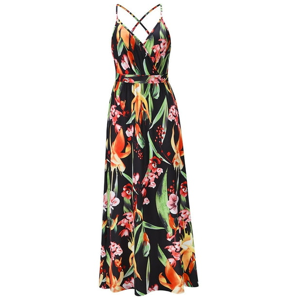 2023 Vestido largo largo floral con correa bohemia estampado casual de verano para mujer, vestido sin mangas con cuello en V