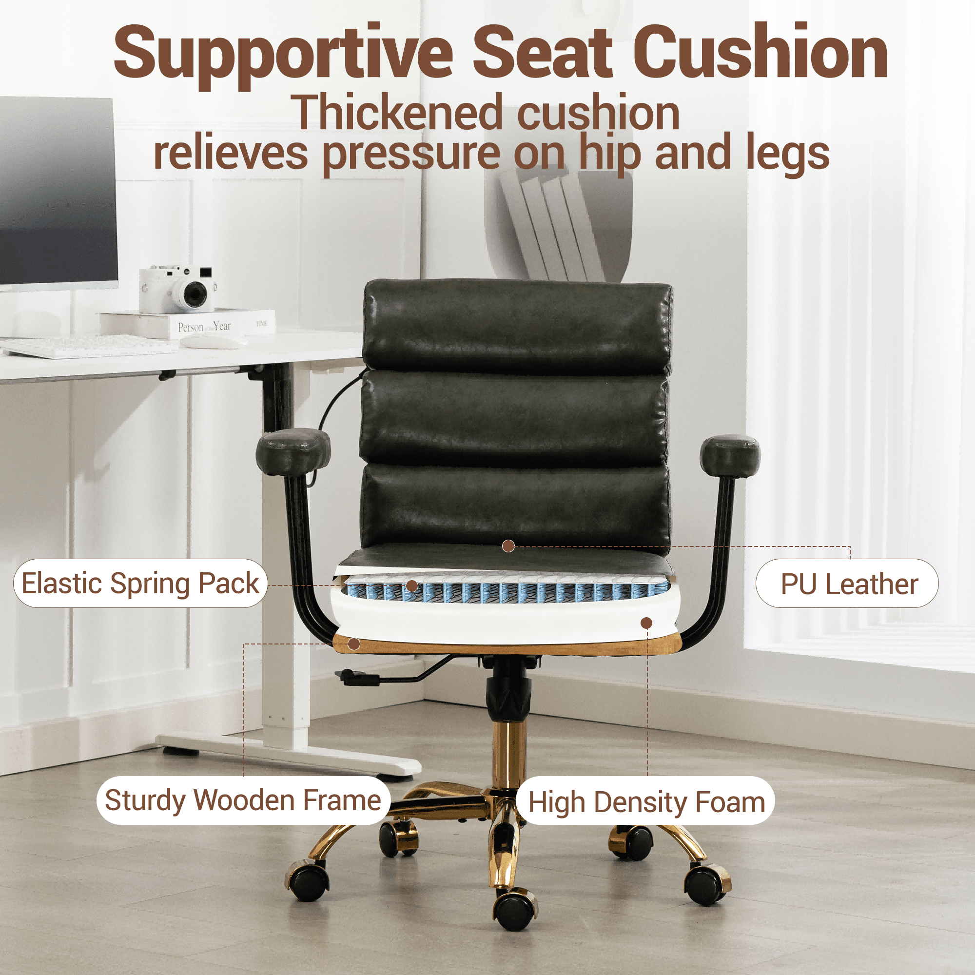 WENTUM Office Chair,Mid Back Home Office Desk Task Chair, Ergonomic PU Leather Computer Rolling Swivel Chair with Padded Armrest, Green