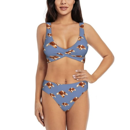 Bathing Suit For Women  Cute Dog Blue High Waisted Bikini Set Bathing Suit Cross Lace Up Swimsuit
