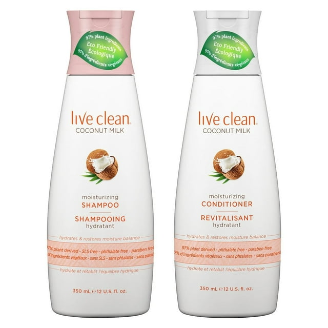 Champú y acondicionador humectante con leche de coco Live Clean, 12 oz cada uno con extracto y aceite de coco orgánico , sin petrolato, sin ftalatos ni parabenos