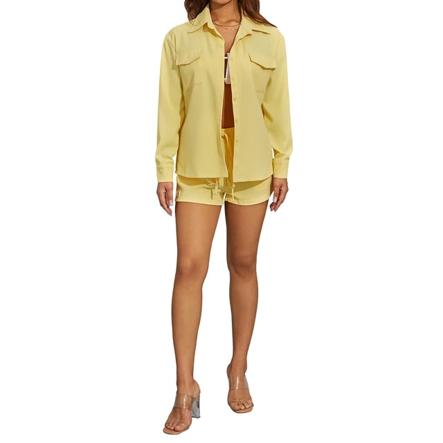 Txlixc Traje de dos piezas para mujeres, camisa de botón de manga larga + pantalones cortos Txlixc moda