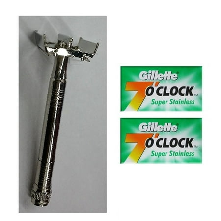 Double Edge Safety Razor + Gillette 7 O'Clock Permasharp Green Double Edge Blades, 10 ct. (Pack of 2) + Schick Slim Twin ST for Sensitive