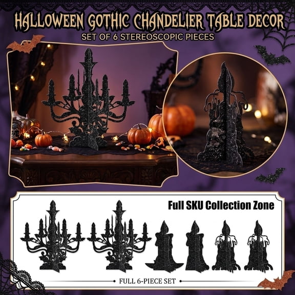 Candelabra Candle Holder Black 3D Tabletop Decorations 6 Pack Spooky Gothic Decor for Halloween Party Haunted House Home Dining Room Desktop Atmosphere Ornament