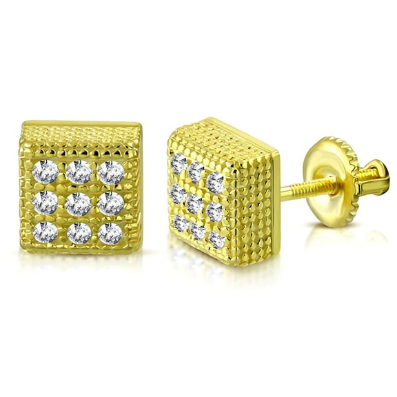 925 Sterling Silver Square White Clear CZ Screw Back Stud Earrings, 0.20"