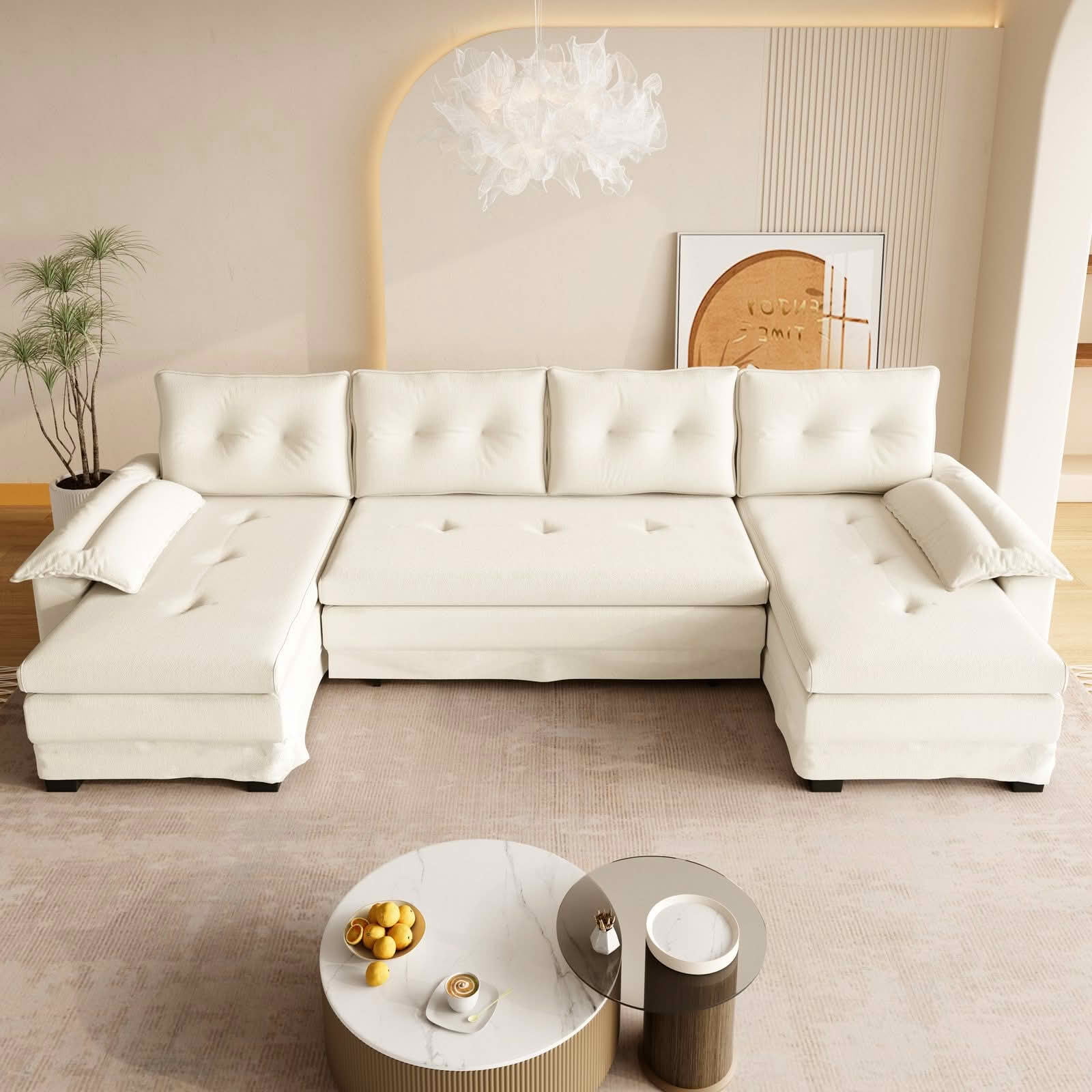 MAYEERTY 109.5" U‑Shaped Pull‑Out Sleeper Sofa, 2‑in‑1 Convertible Modular Sectional with Removable Armrests, USB Ports, Chaise Lounge, 4 Pillows Included