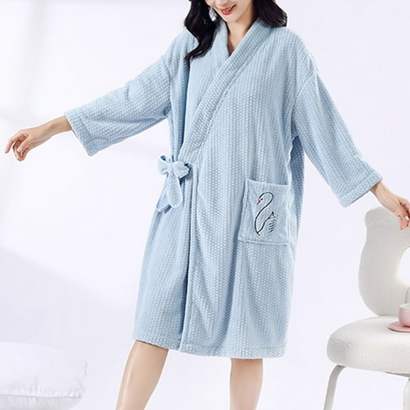 uublik Womens Robes Lightweight Flannel Robes Casual Long Sleeves Robes Winter Woman Bathrobe Nightwear Blue