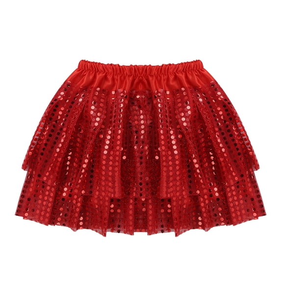 DPOIS Kids Girls Glittery Sequined Dance Tutu Skirt Red 4-5