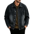 thumbnail image 2 of Mens Button up Denim Jacket, Lapel Collar No Hood Jean Trucker Coat, Vintage Washed Motorcycle Jacket Casual Street Outerwear Dark Blue, 2 of 5