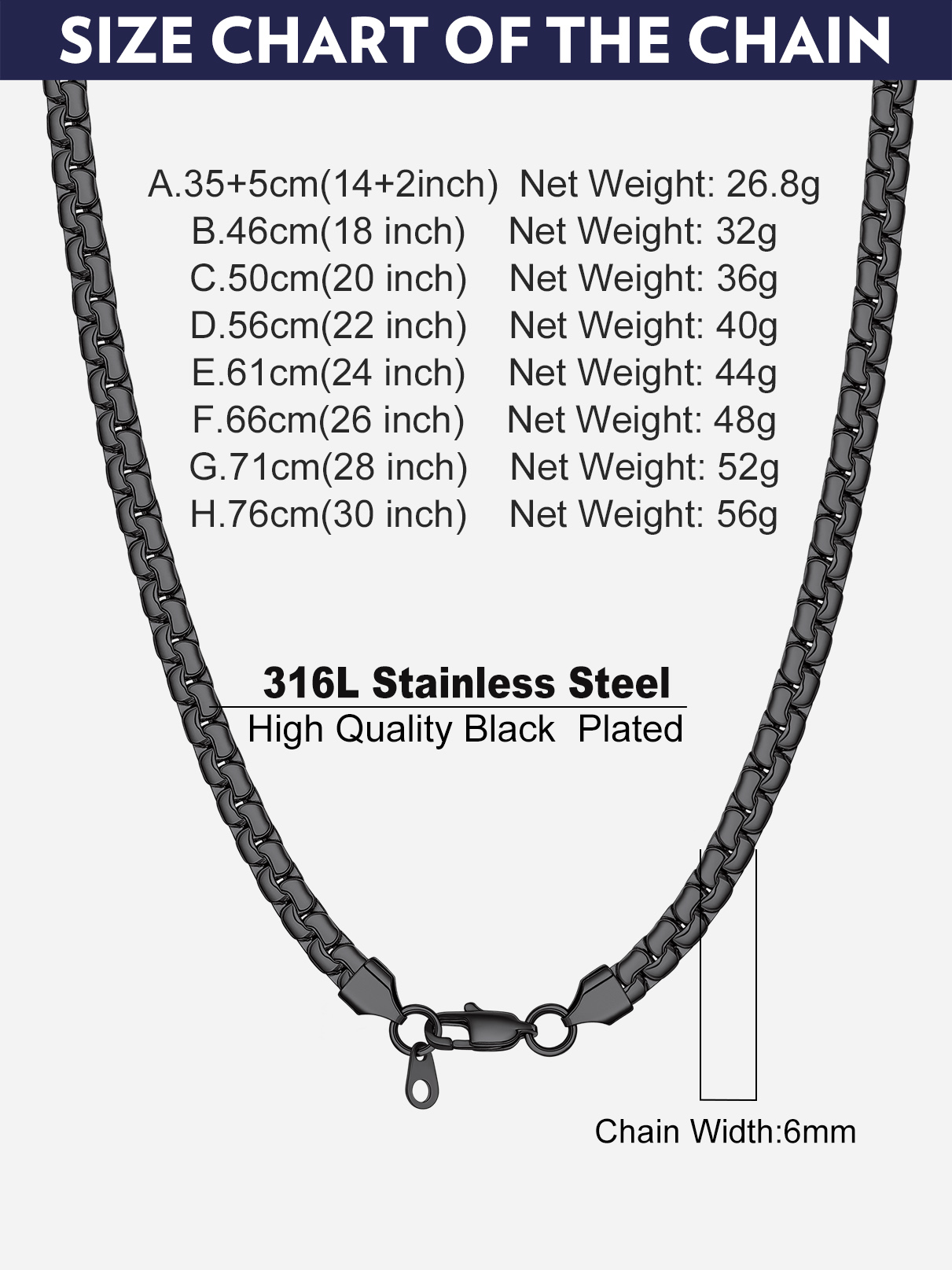 Bandmax 6MM Black Flat Box Link Chains Necklace for Men Women Solid Stainless Steel Cable Chain Jewelry Birthday Father Day Gift for Mens Son Husband Dad