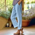 thumbnail image 2 of Women's Cotton Linen Pants Elastic Waisted Straight Leg Lounge Pants Casual Split Slacks Trousers with Pockets Light Blue XX-Large, 2 of 6