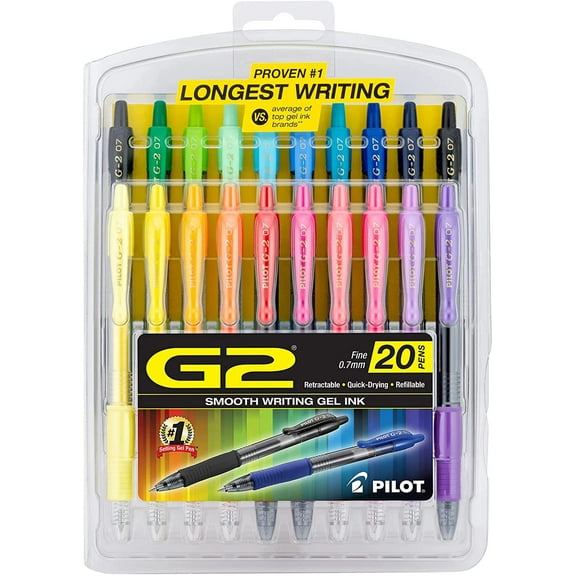 Pilot, G2 Premium Gel Roller Pens, Fine Point 0.7 mm, Assorted Colors, Pack of 20