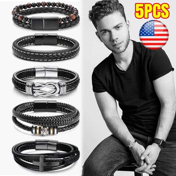 Black Leather Bracelets for Men Women 5PCS Men's Bracelet Leather and Steel Braided Cuff Bracelets