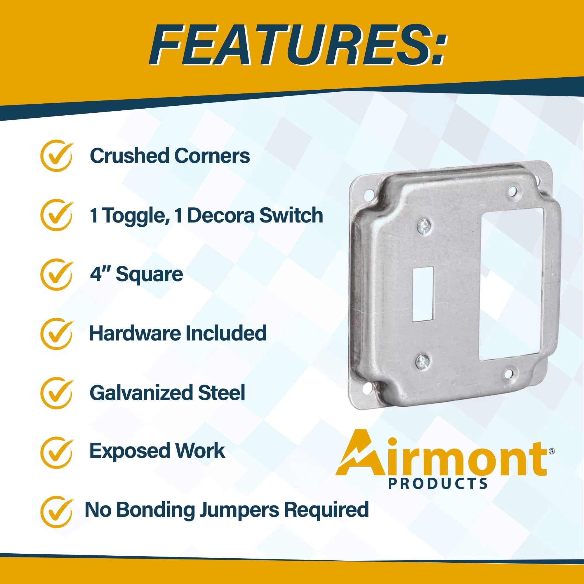5 Pack Airmont Products 2-Gang Toggle and Rocker Electrical Box Cover - 4 Inch Square 1/2 Inch Raised Galvanized Steel Exposed Work Cover - Surface Mount Junction Box Cover for Mixed Switch Types
