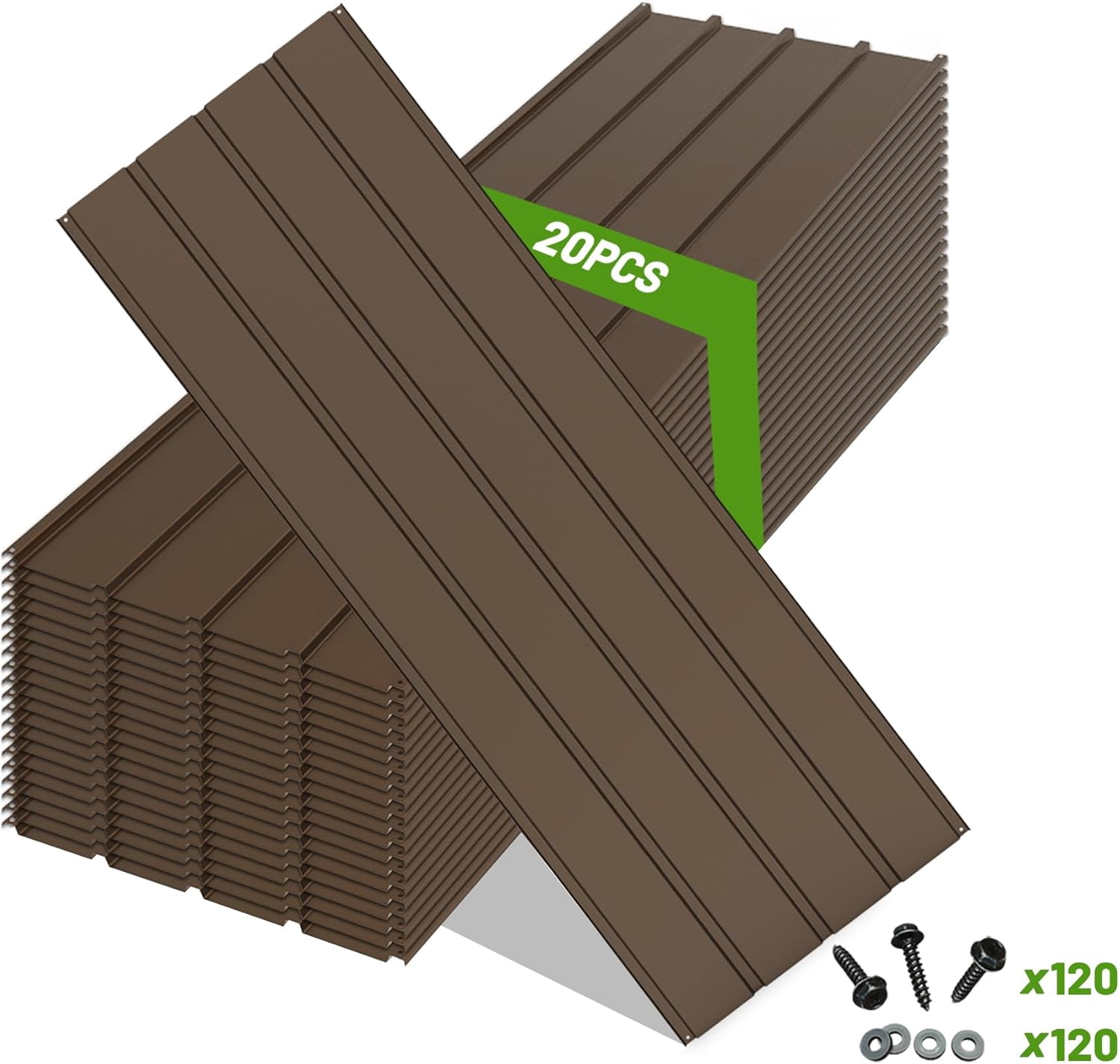20 PCS Brown Corrugated Galvanized Metal Roofing Panels with 120 Steel Screws, Waterproof Rustproof Metal Siding for Pergola Gazebo Shed Garage