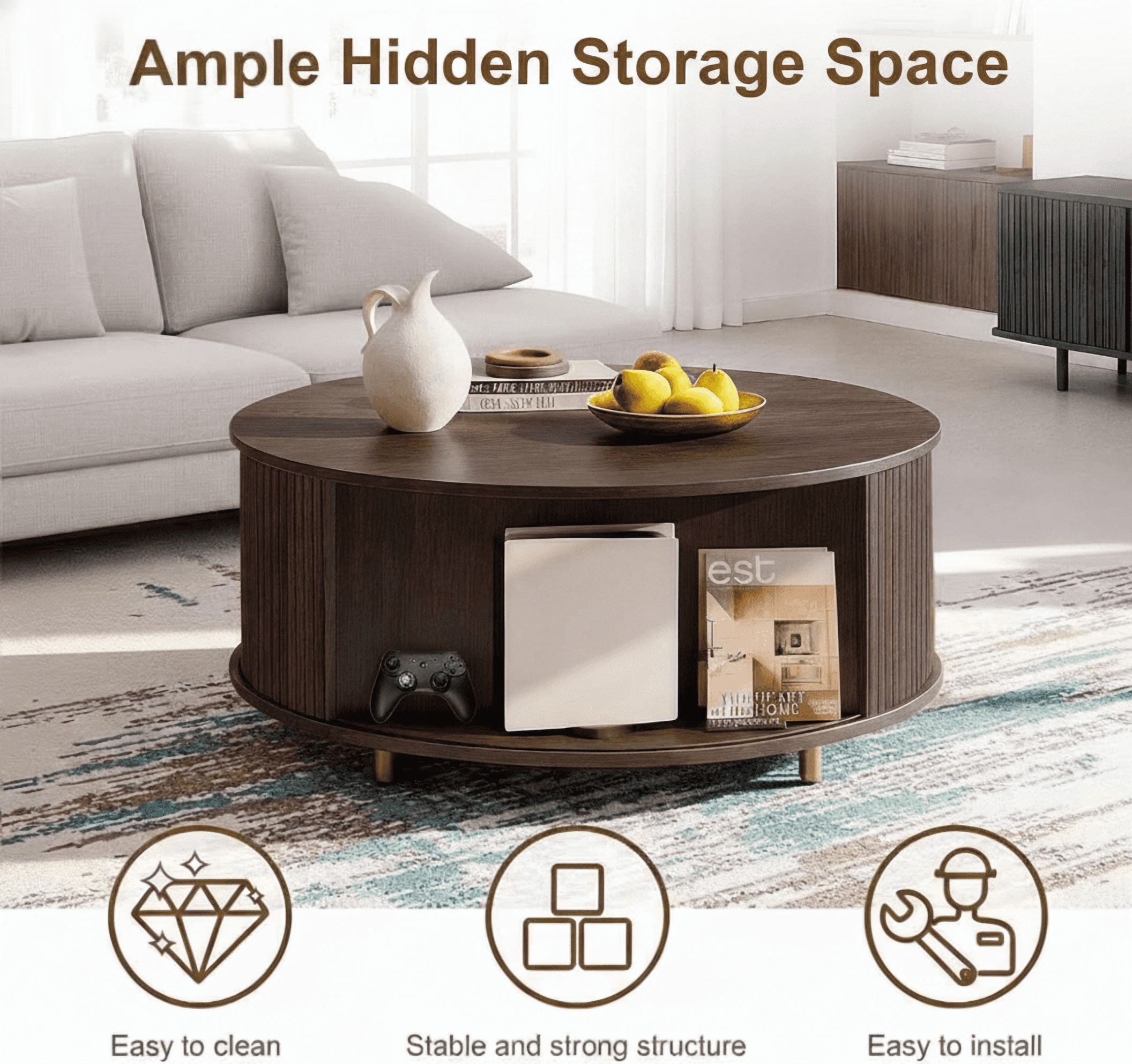 Aisword Round Coffee Table with 360° Sliding Door, Fluted Accent Storage Coffee Table with Adjustable Footpads for Living Room, Brown