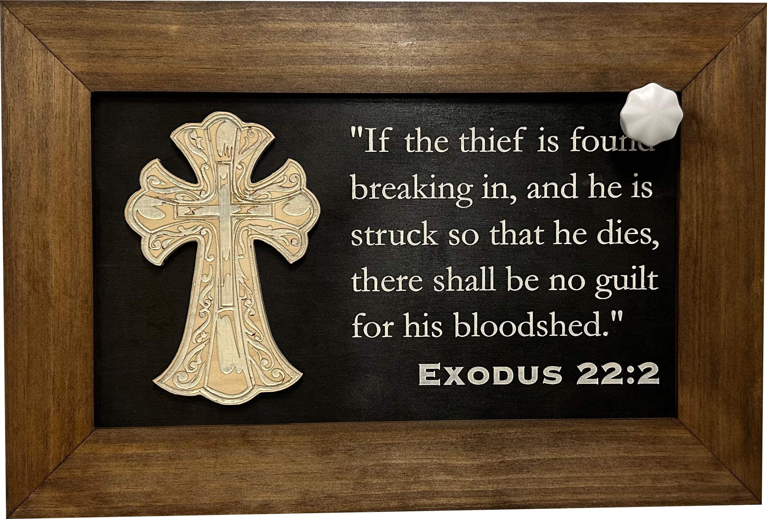 Bellewood Designs Decorative Gun Cabinet Wall-Mounted  Secure with a Cross and Exodus 22:2 - Gun safe To Securely Store Your Gun  Home Self Defense Gear