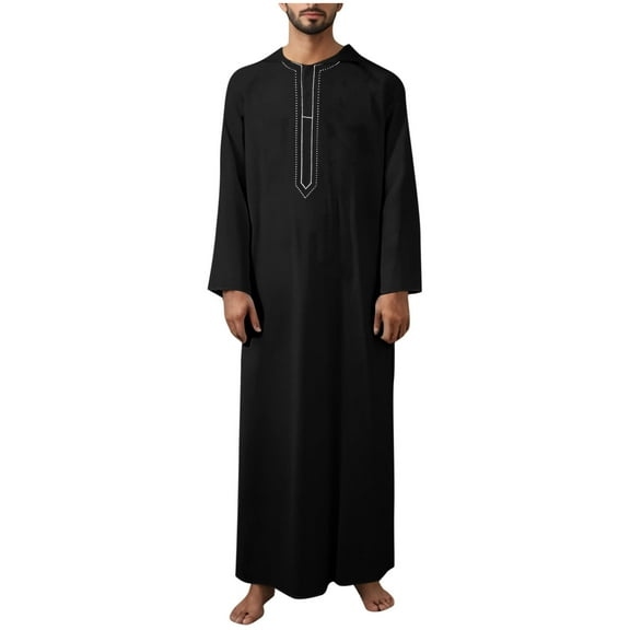 TFEOQRY Men's Hooded Arabic Thobe Long Sleeve Embroidered Robe Traditional Muslim Kaftan Gown Shirt Black