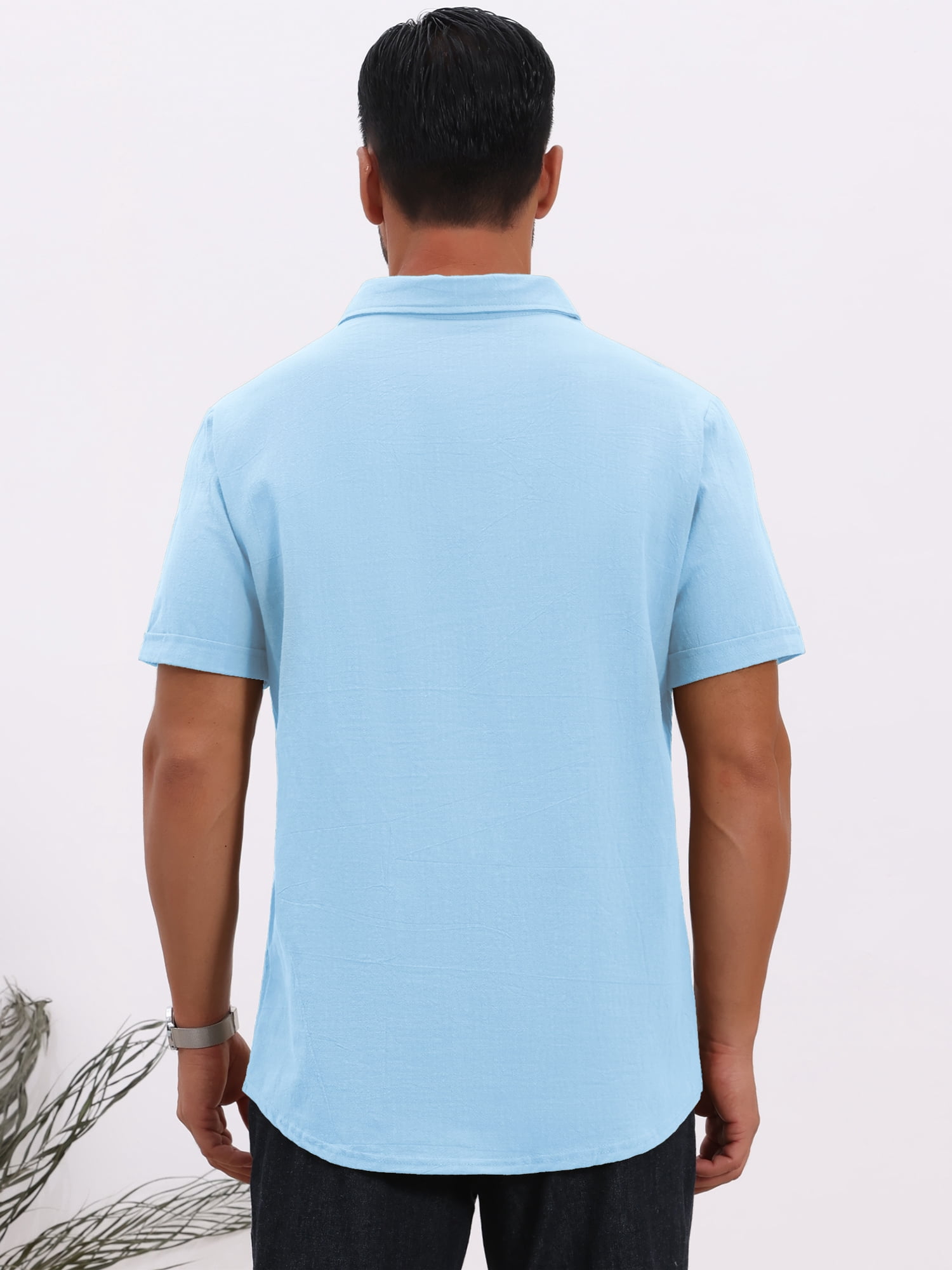 DARING DIVA Men's Linen Chest Pocket Short Sleeve Casual Hawaiian Shirts L Light Blue