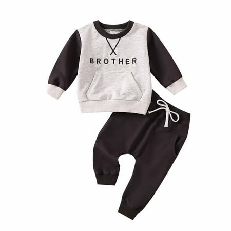 

YYDGH Reduced Fall Winter Outfit Infant Baby Boy Girl Solid Color Sweatsuit Crewneck Pocket Sweatshirt Top+Sweatpants Letter Print Sweatsuit(Black 18-24 Months)