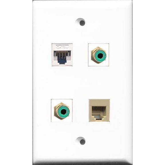 RiteAV - 2 Port RCA Green and 1 Port Phone RJ11 RJ12 Beige and 1 Port Cat5e Ethernet White Wall Plate