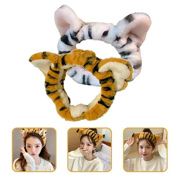 BESTOYARD 2Pcs Stretch Tiger Ears Plush Headband for Face Washing and Makeup Comfortable Hair Wrap