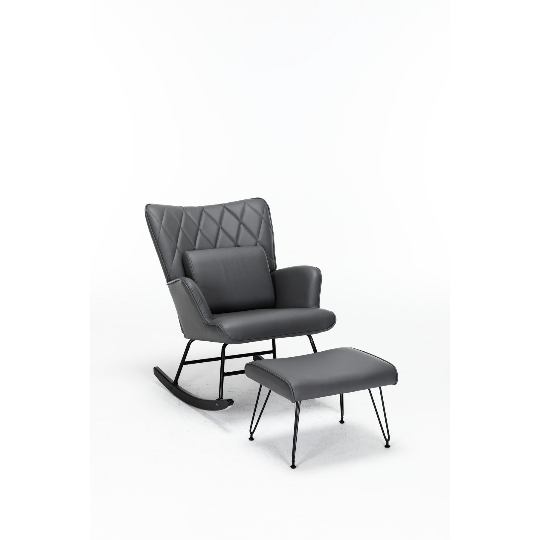 Grey PU Rocking Chair with Lumbar Pillow and Ottoman / Comfortable Seating for Nursery, Living Room or Bedroom