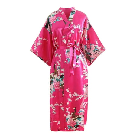 YWDJ Bathrobe for Woman Print Blossom Kimono Dressing Gown Bath Robe Lingerie Nightdress Hot Pink