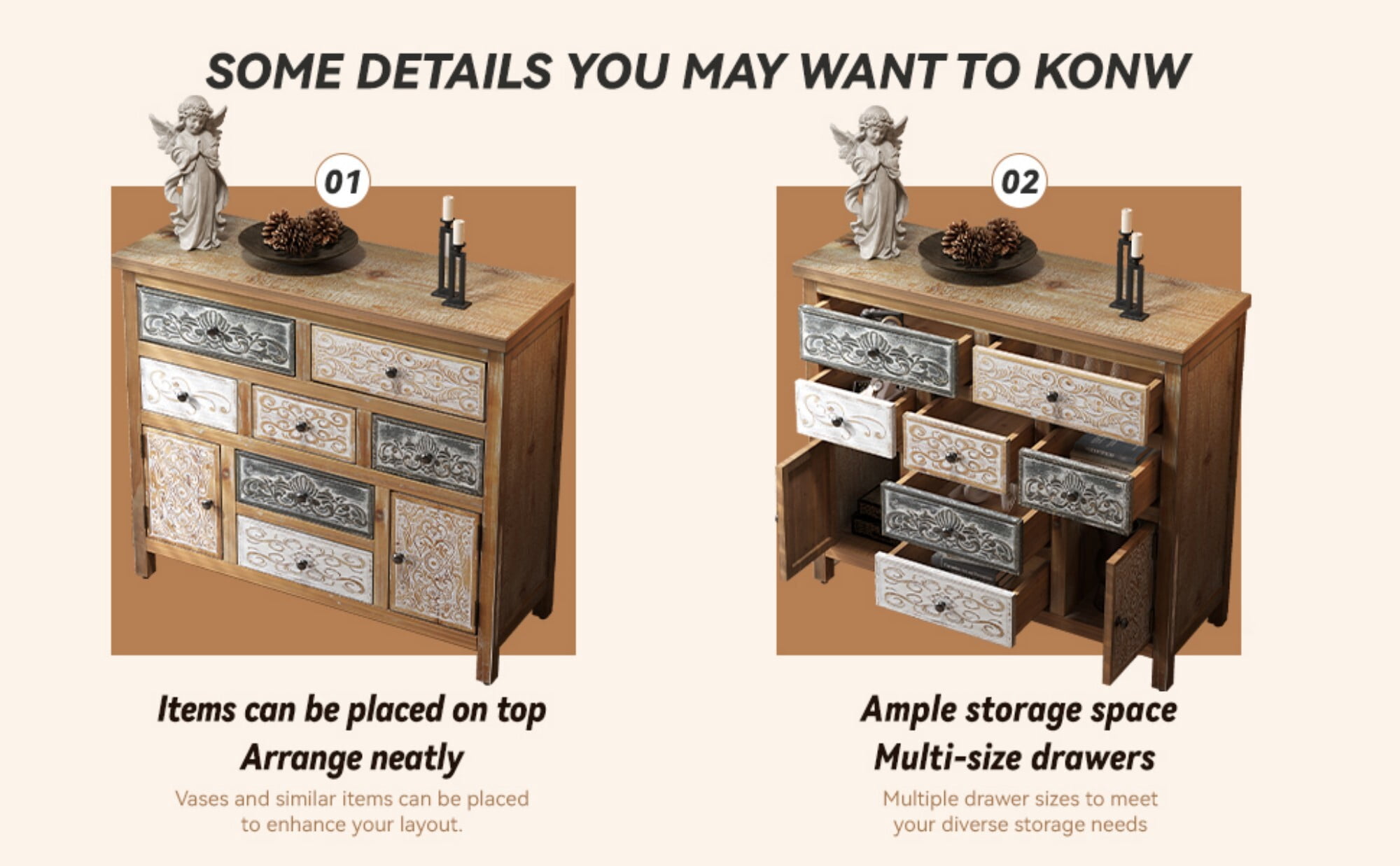 AENKYO Vintage 7-Drawer Cabinet, Bohemian Storage Dresser with Distressed Finish for Bedroom, Living Room & Entryway