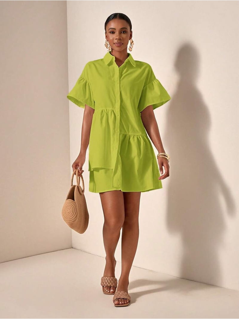 olive green button front dress /// Olive Green Solid Front Button Ruffle Hem Short Sleeve Shirt Dress For Women, Women's, Size: Small