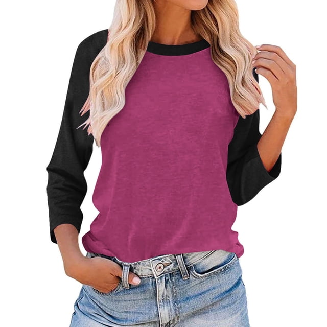 Plebaso Chemises à Manches 3/4 pour Femmes Col Rond Tops à Blocs de Couleur Décontractés Tee Blouses Amples pour Femmes