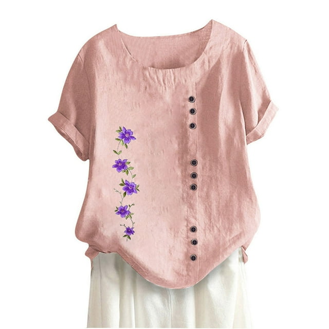 DPTALR Womens Round Neck Short Sleeve Tops Linen Womens Tops Trendy Tops for Women 2024