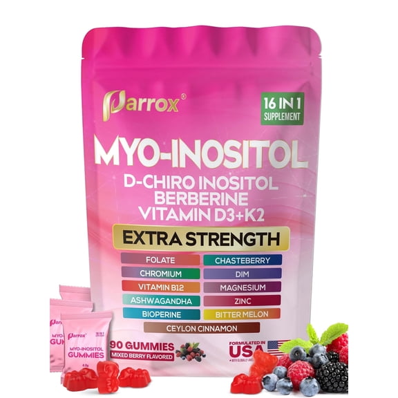 Parrox Myo-Inositol & D-Chiro Inositol Gummies with Berberine, Vitamins D3 K2 B12, Folate, Zinc, Magnesium, Ashwagandha, Chasteberry, BioPerine & DIM – 16-in-1 Mixed Berry Supplement – 90 Gummies
