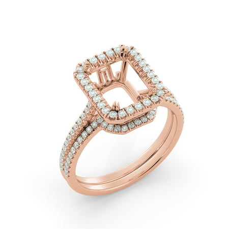 Round Diamond Wedding Set Mounting - Emerald Wedding Set Semi Mount Round Diamond Engagement Ring 14k Rose Gold