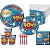 Superhero Party Supplies Bundle with Lunch Plates, Cake Plates, Napkins, Cups, Table Cover, and Forks for 8 Guests