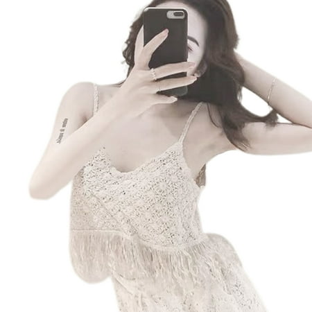 

Women Summer Boho Crochet Sleeveless Camisole Sexy V-Neck Hollow Out Knit Floral Tassels Crop Top Beach Sling Tank Vest