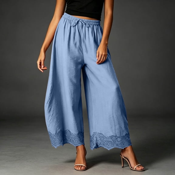 Women's Cropped Lace-Hem Pants High Waisted Drawstring Wide Leg Pants 2026 Summer Cropped Lightweight Casual Pants