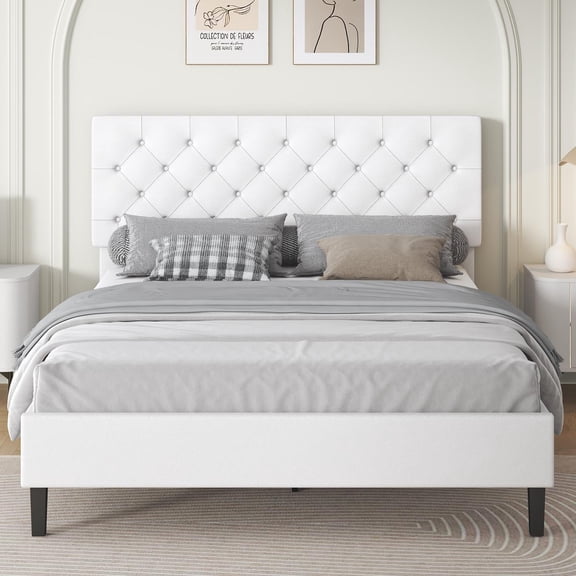 4 EVER WINNER Full Bed Frame, Full Upholstered Platform Bed with Button Tufted Headboard, White Full Bed Frame, White