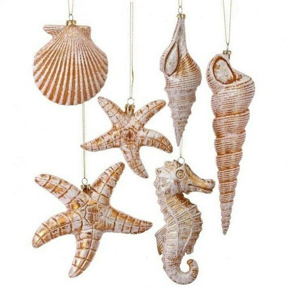 Set of 6 Gold-White SEASHORE & SEASHELLS Christmas Ornaments by Regency