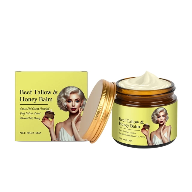 crema multifuncional con propiedades nutritivas y reparadoras de vaca. crema hidratante natural con incienso 60 g, tarro de vidrio ámbar abierto con tapa dorada y crema color marfil de textura suave; etiqueta y caja amarilla con texto en inglés 'Beef Tallow & Honey Balm' y figura retro de mujer sosteniendo el tarro; apta para piel seca y sensible, también usada para manos y codos secos.