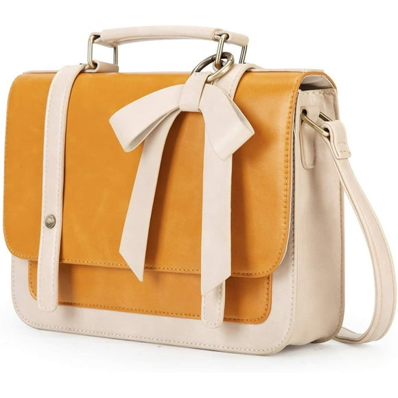 IBAOLE Small Crossbody Bags Vintage Satchel Work Bag Vegan Leather Shoulder Bag with Detachable Bow, Mustard, 1 Layer