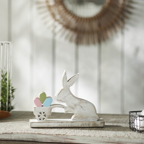 VHC Brands Bunny Hop Wooden Bunny w/Cart of Eggs 6.5x8, Easter Decorations, Home and Table Decor, Spring and Easter Figurines