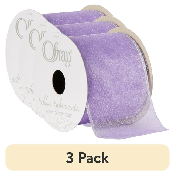 (3 pack) Offray Ribbon, Lavender Purple 2 1/2 inch Wired Edge Sheer Metallic Ribbon, 9 feet, 1 Each