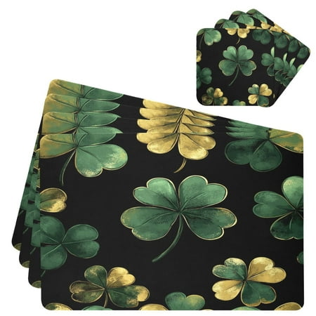 

Wobogo Stpatricks Day Four Leaf Clover Placemats Coasters Set of 4 Heat-resistant Non-slip Easy to Clean Square Dinner Plate Mat