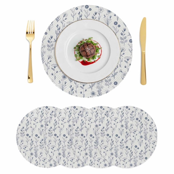 Navy Blue Flowers Round 13 Inch Placemats Set of 4, Spring Summer Farmhouse Botanical HeatResistant Non Slip Place Mats for Dining Table, Wipeable Braided Kitchen Table Mats for Housewarming
