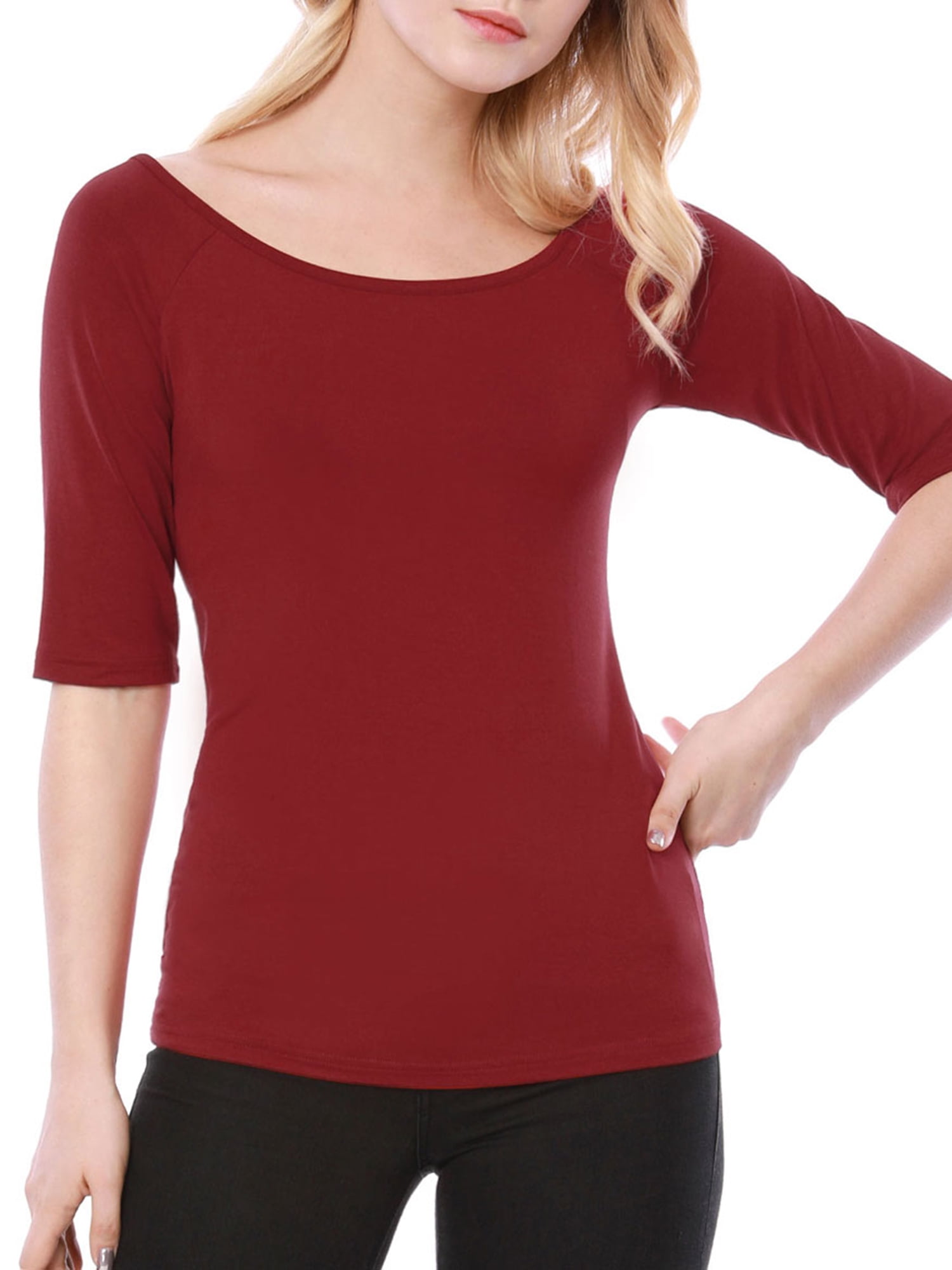 DARING DIVA Women's Slim Fit Pullover Boat Neck Stretchable T-Shirt L Red