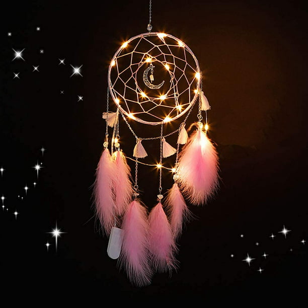 Nice Dream Little Dream Catcher with LED Light, Handmade Dream Catcher with Feathers, 5.9inches Diameter, 19inches Length for Bedroom Wall Hanging Home Decor Ornaments Craft (Pink) -