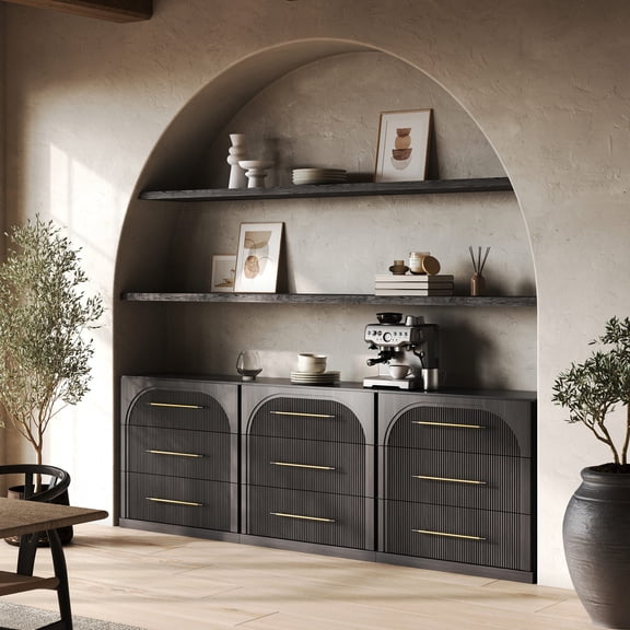 BELLEZE Set of 3 Fluted Modular Sideboard Cabinet, Classic Modern Buffet Cabinet with 3 Drawers, Accent Credenza Storage Cabinet for Dining Room Living Room Entryway (Ebony)