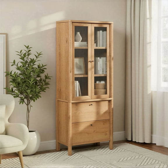 Penelope Modern Fluted Glass Bookshelf Cabinet with Drawers, English Oak