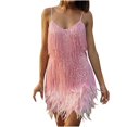 thumbnail image 2 of Nnhblu Women's Fashion Suspender Crewneck Sequin Feather Sleeveless Solid Mini Dress Party Dress Womens Dresses Casual Dresses for Women Pink, 2 of 10